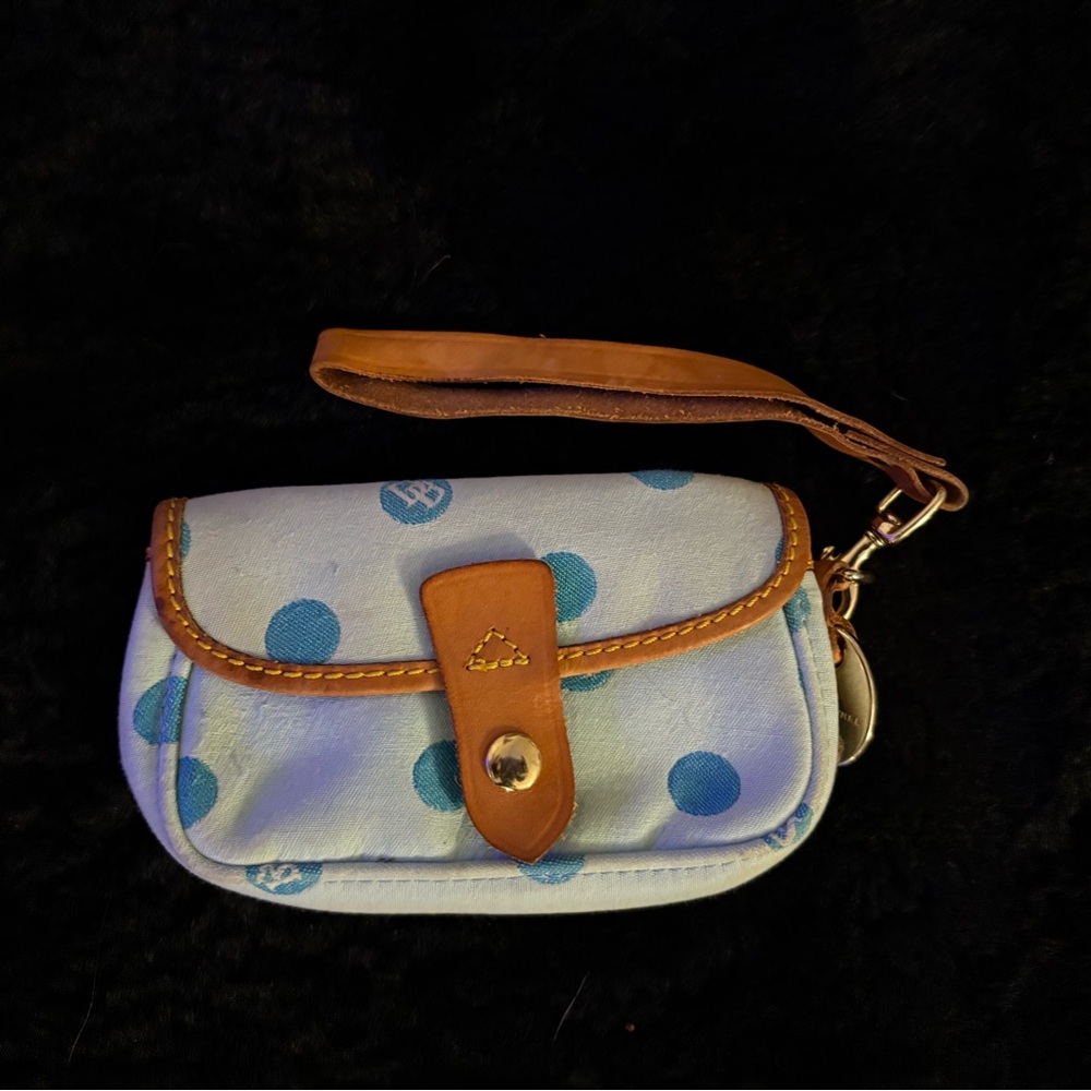 Dooney & Bourke Blue Polka Dot Wristlet with Tan Trim
